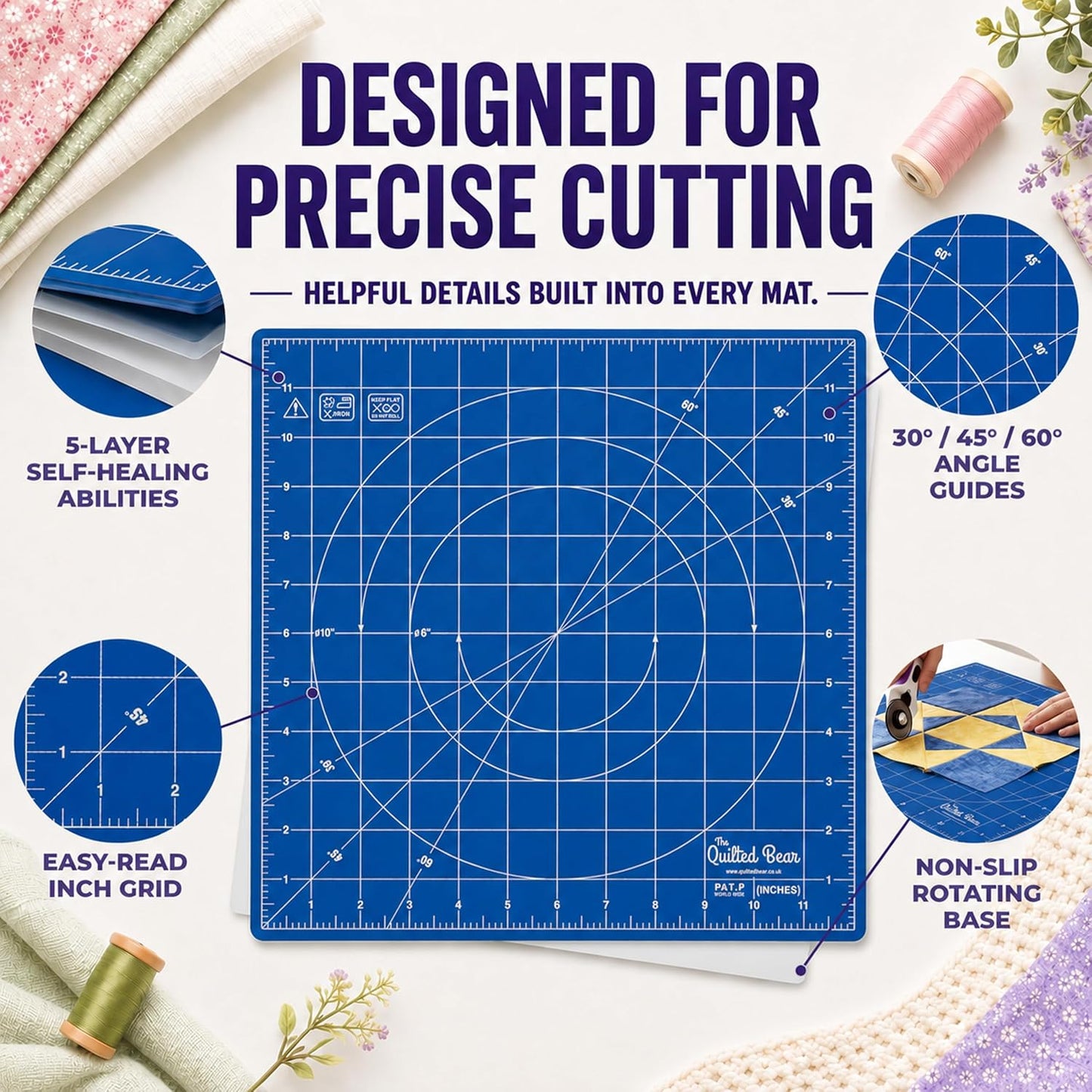 The Quilted Bear Rotating Cutting Mat 12" x 12" - Locking & Rotating Self Healing Cutting Board for Sewing, Fabric & Quilting - 360 Degree Sewing Supplies Mat for Craft Table (Pink)