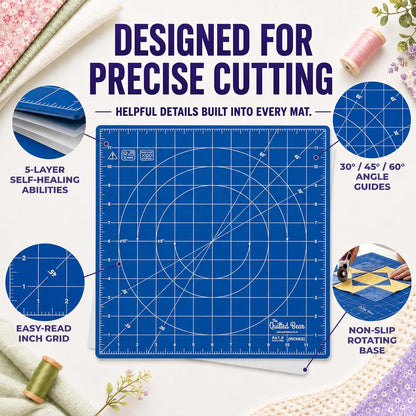 The Quilted Bear Rotating Cutting Mat 12" x 12" - Locking & Rotating Self Healing Cutting Board for Sewing, Fabric & Quilting - 360 Degree Sewing Supplies Mat for Craft Table (Pink)