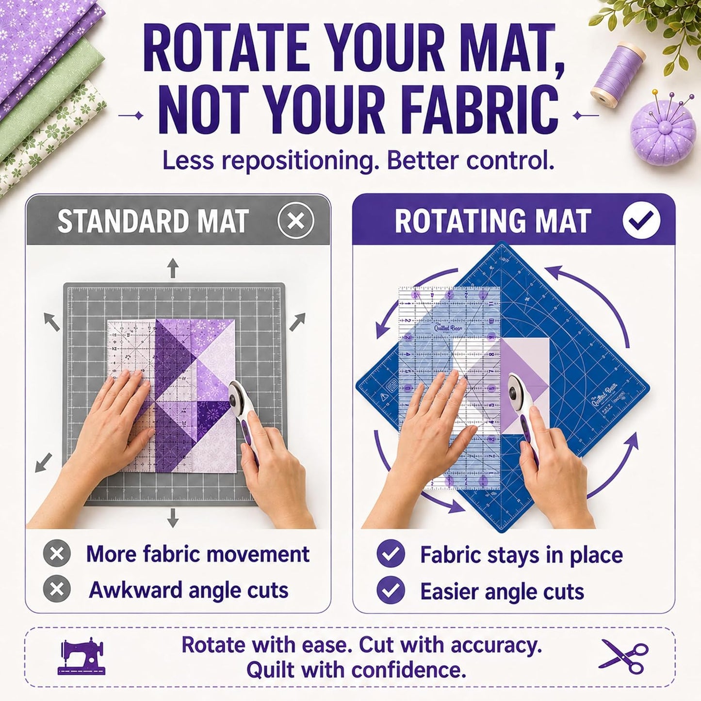 The Quilted Bear Rotating Cutting Mat 12" x 12" - Locking & Rotating Self Healing Cutting Board for Sewing, Fabric & Quilting - 360 Degree Sewing Supplies Mat for Craft Table (Pink)