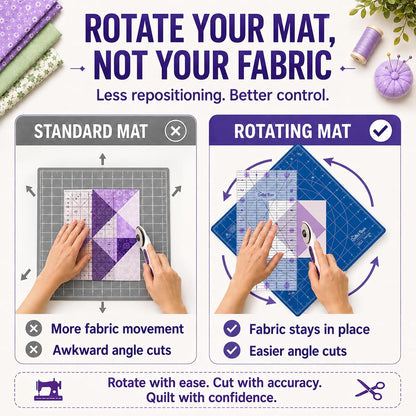 The Quilted Bear Rotating Cutting Mat 12" x 12" - Locking & Rotating Self Healing Cutting Board for Sewing, Fabric & Quilting - 360 Degree Sewing Supplies Mat for Craft Table (Pink)