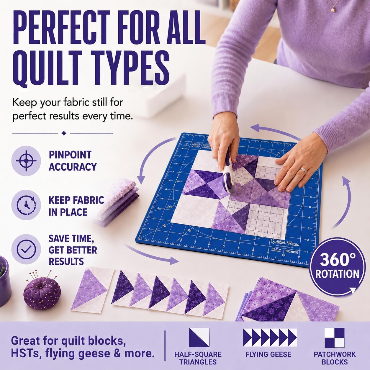 The Quilted Bear Rotating Cutting Mat 12" x 12" - Locking & Rotating Self Healing Cutting Board for Sewing, Fabric & Quilting - 360 Degree Sewing Supplies Mat for Craft Table (Pink)