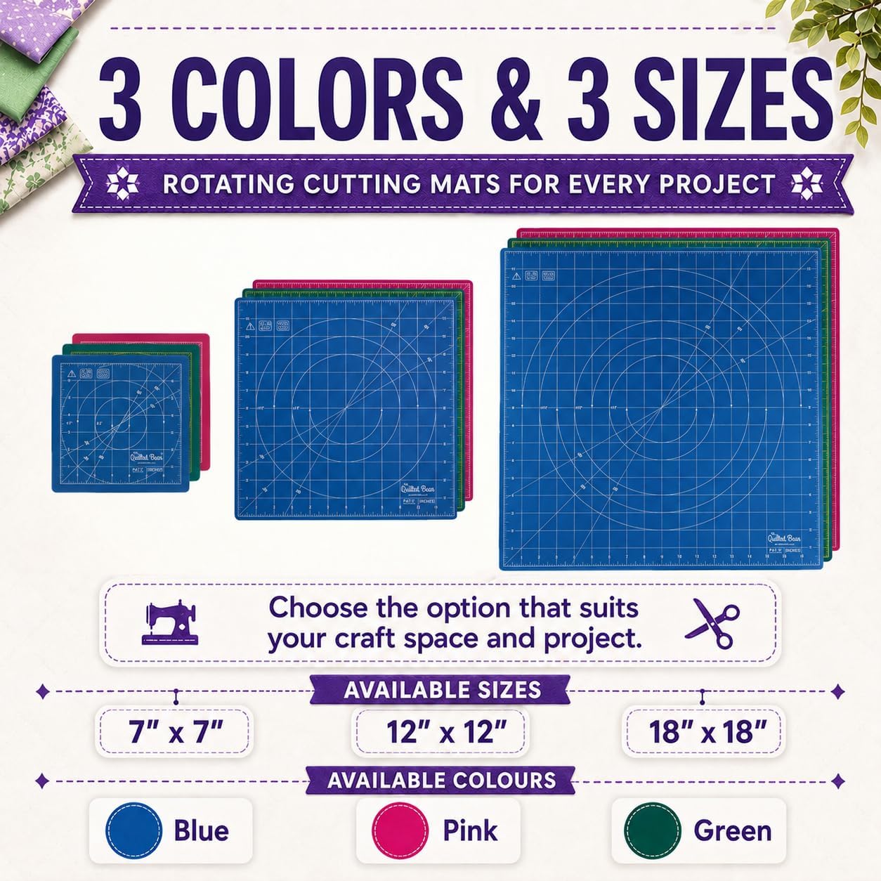 The Quilted Bear Rotating Cutting Mat 12" x 12" - Locking & Rotating Self Healing Cutting Board for Sewing, Fabric & Quilting - 360 Degree Sewing Supplies Mat for Craft Table (Pink)