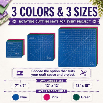 The Quilted Bear Rotating Cutting Mat 12" x 12" - Locking & Rotating Self Healing Cutting Board for Sewing, Fabric & Quilting - 360 Degree Sewing Supplies Mat for Craft Table (Pink)