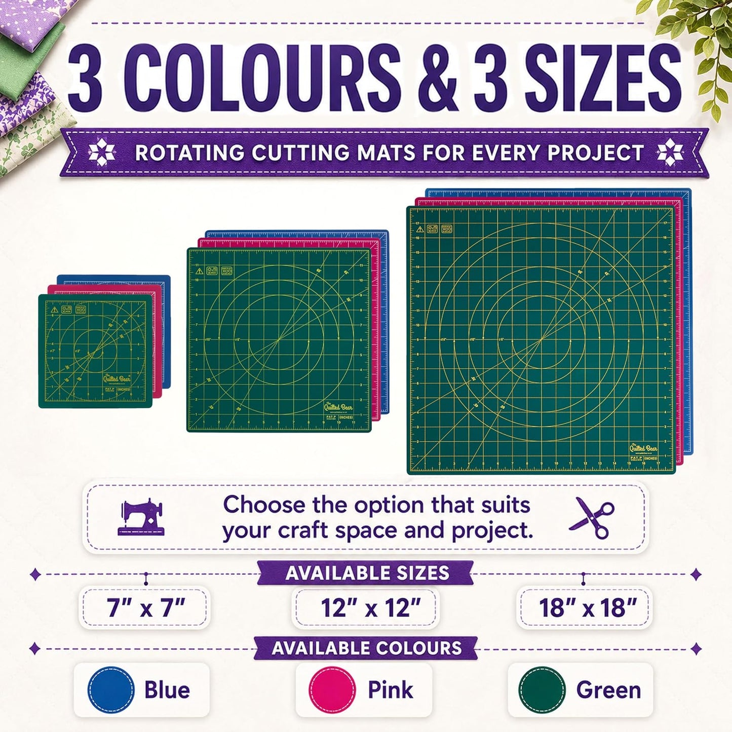 The Quilted Bear Rotating Cutting Mat 12" x 12" - Locking & Rotating Self Healing Cutting Board for Sewing, Fabric & Quilting - 360 Degree Sewing Supplies Mat for Craft Table (Pink)
