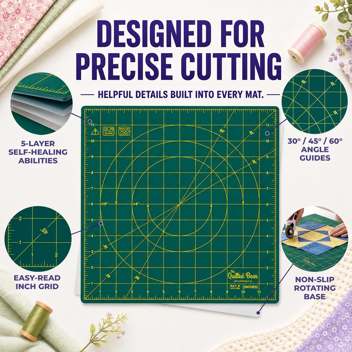 The Quilted Bear Rotating Cutting Mat 12" x 12" - Locking & Rotating Self Healing Cutting Board for Sewing, Fabric & Quilting - 360 Degree Sewing Supplies Mat for Craft Table (Pink)
