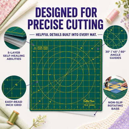 The Quilted Bear Rotating Cutting Mat 12" x 12" - Locking & Rotating Self Healing Cutting Board for Sewing, Fabric & Quilting - 360 Degree Sewing Supplies Mat for Craft Table (Pink)
