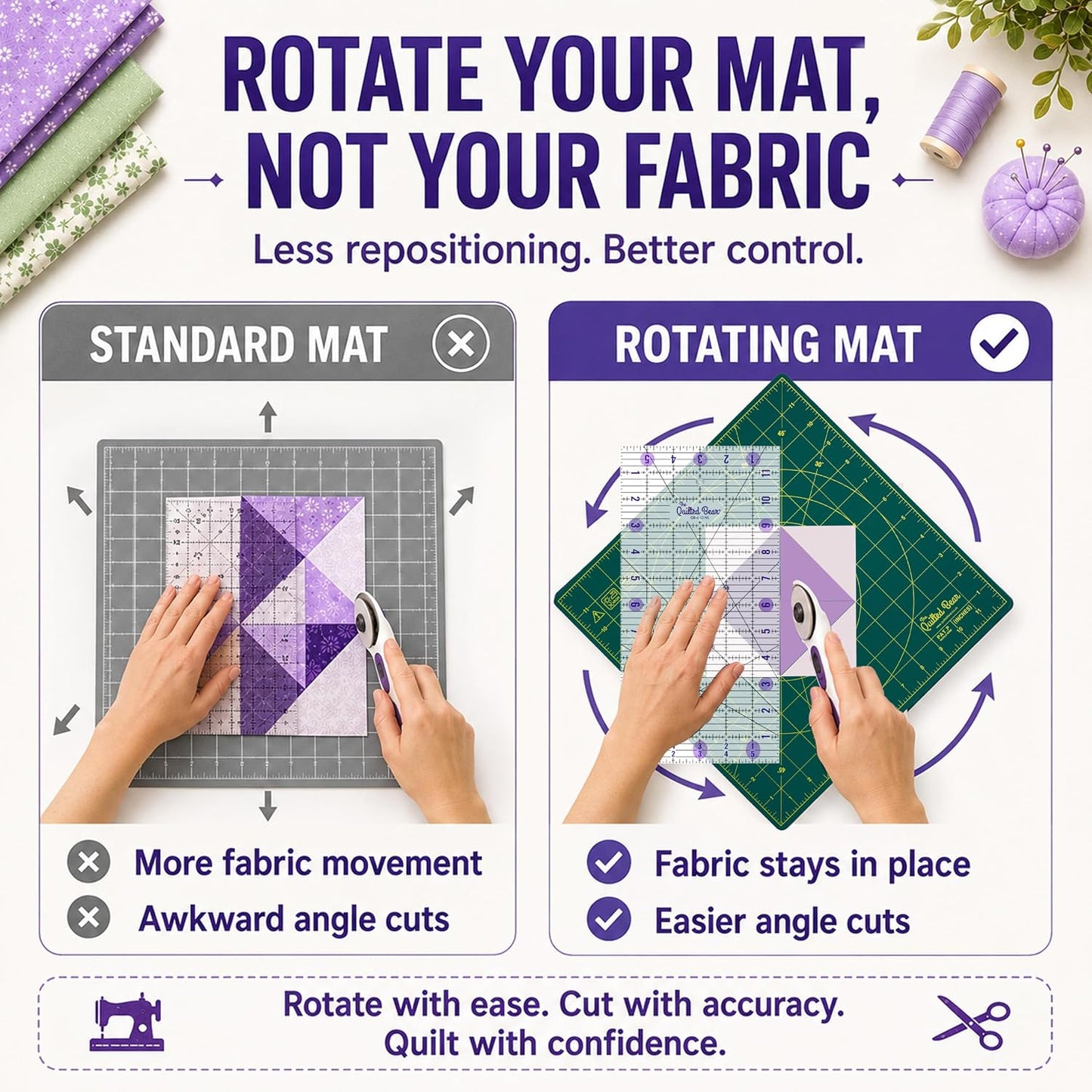 The Quilted Bear Rotating Cutting Mat 12" x 12" - Locking & Rotating Self Healing Cutting Board for Sewing, Fabric & Quilting - 360 Degree Sewing Supplies Mat for Craft Table (Pink)