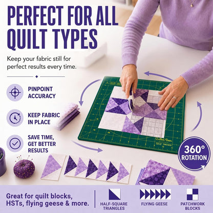 The Quilted Bear Rotating Cutting Mat 12" x 12" - Locking & Rotating Self Healing Cutting Board for Sewing, Fabric & Quilting - 360 Degree Sewing Supplies Mat for Craft Table (Pink)