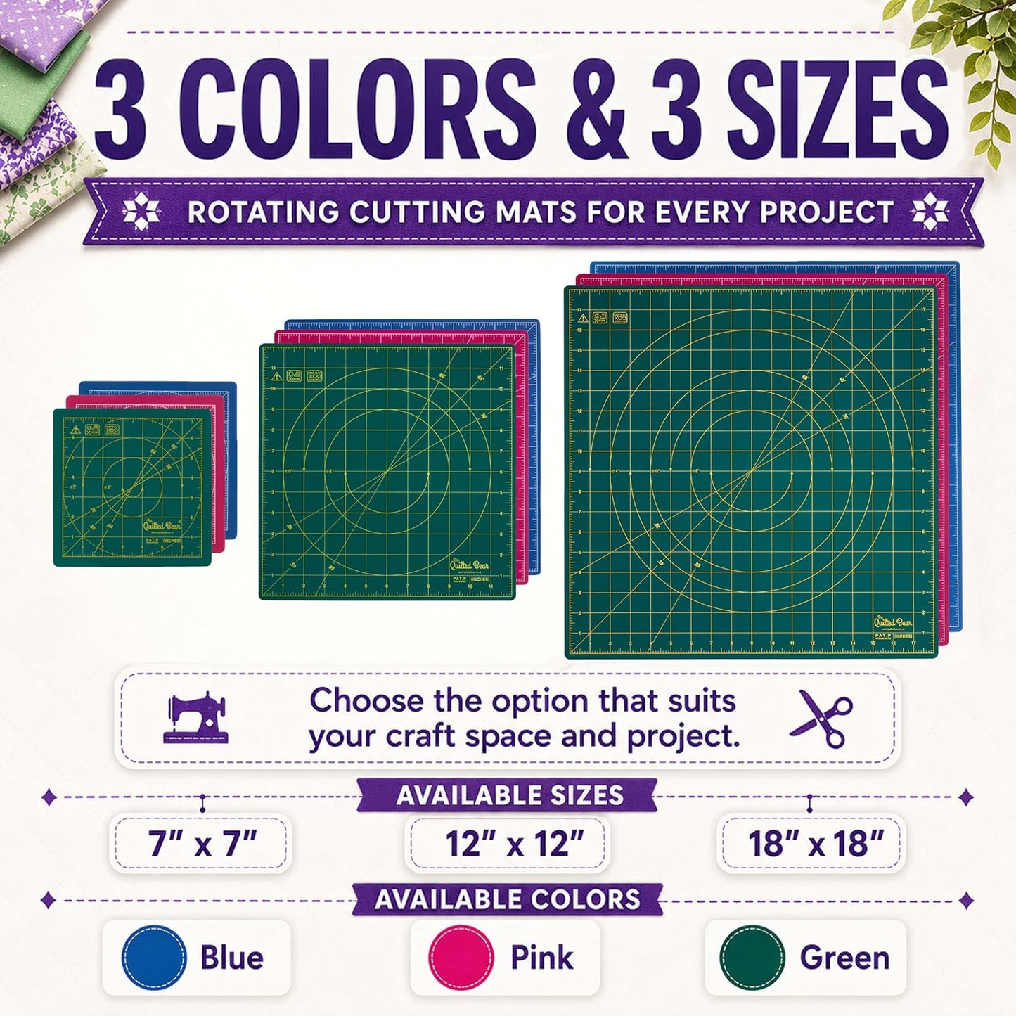 The Quilted Bear Rotating Cutting Mat 12" x 12" - Locking & Rotating Self Healing Cutting Board for Sewing, Fabric & Quilting - 360 Degree Sewing Supplies Mat for Craft Table (Pink)