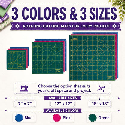 The Quilted Bear Rotating Cutting Mat 12" x 12" - Locking & Rotating Self Healing Cutting Board for Sewing, Fabric & Quilting - 360 Degree Sewing Supplies Mat for Craft Table (Pink)