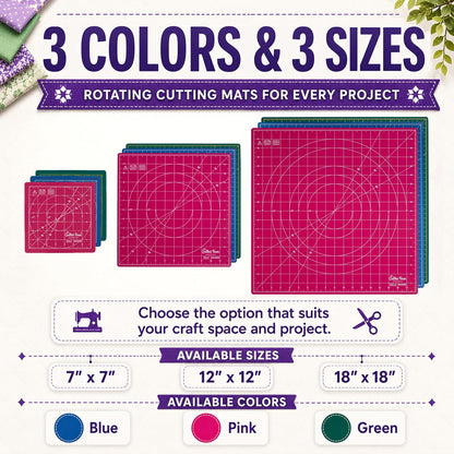 The Quilted Bear Rotating Cutting Mat 12" x 12" - Locking & Rotating Self Healing Cutting Board for Sewing, Fabric & Quilting - 360 Degree Sewing Supplies Mat for Craft Table (Pink)