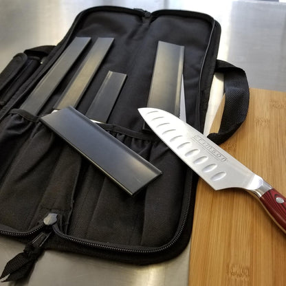 5 Pocket Knife Roll Bag Bi-Fold (Black) with 5pc. (Black) Knife Edge Guards, Durable Nylon/Polyester Blend, Perfect for the Busy Chef