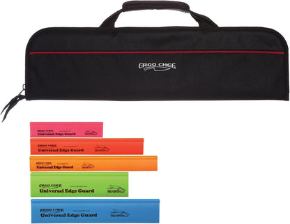 5 Pocket Knife Roll Bag Bi-Fold (Black) with 5pc. (Black) Knife Edge Guards, Durable Nylon/Polyester Blend, Perfect for the Busy Chef