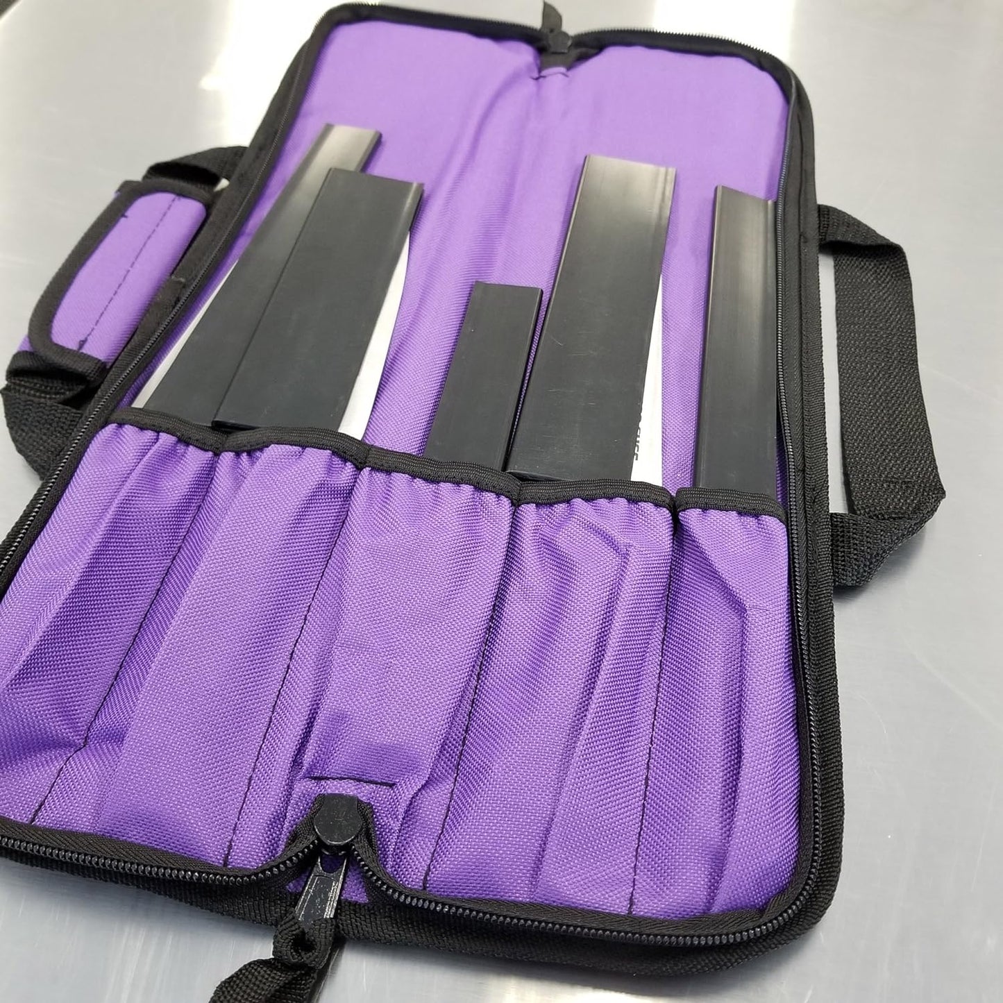 5 Pocket Knife Roll Bag Bi-Fold (Black) with 5pc. (Black) Knife Edge Guards, Durable Nylon/Polyester Blend, Perfect for the Busy Chef