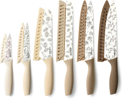 Kitchen Knife Set, 6 Floral Knives with 6 Blade Guards, 12-Piece | Stainless Steel Blades, Ceramic Nonstick Coating, Long-Lasting Sharpness, Rust-Resistant, Non-Slip, Dishwasher Safe