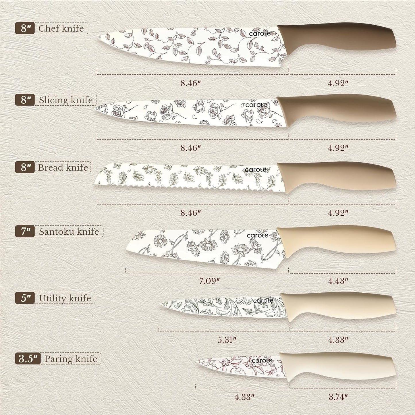 Kitchen Knife Set, 6 Floral Knives with 6 Blade Guards, 12-Piece | Stainless Steel Blades, Ceramic Nonstick Coating, Long-Lasting Sharpness, Rust-Resistant, Non-Slip, Dishwasher Safe