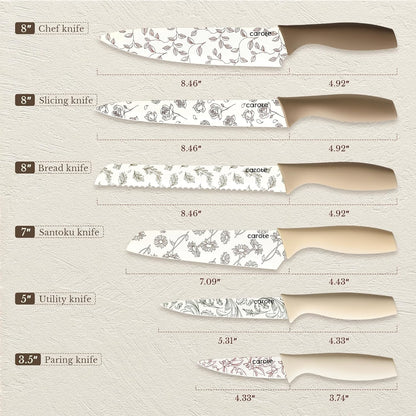 Kitchen Knife Set, 6 Floral Knives with 6 Blade Guards, 12-Piece | Stainless Steel Blades, Ceramic Nonstick Coating, Long-Lasting Sharpness, Rust-Resistant, Non-Slip, Dishwasher Safe
