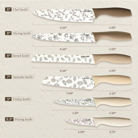 Kitchen Knife Set, 6 Floral Knives with 6 Blade Guards, 12-Piece | Stainless Steel Blades, Ceramic Nonstick Coating, Long-Lasting Sharpness, Rust-Resistant, Non-Slip, Dishwasher Safe