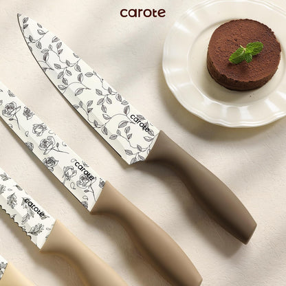 Kitchen Knife Set, 6 Floral Knives with 6 Blade Guards, 12-Piece | Stainless Steel Blades, Ceramic Nonstick Coating, Long-Lasting Sharpness, Rust-Resistant, Non-Slip, Dishwasher Safe
