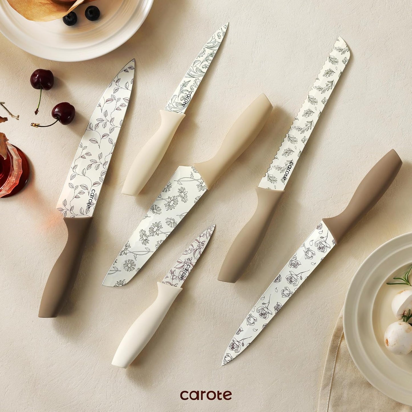 Kitchen Knife Set, 6 Floral Knives with 6 Blade Guards, 12-Piece | Stainless Steel Blades, Ceramic Nonstick Coating, Long-Lasting Sharpness, Rust-Resistant, Non-Slip, Dishwasher Safe