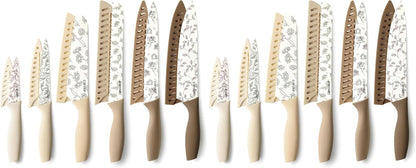Kitchen Knife Set, 6 Floral Knives with 6 Blade Guards, 12-Piece | Stainless Steel Blades, Ceramic Nonstick Coating, Long-Lasting Sharpness, Rust-Resistant, Non-Slip, Dishwasher Safe