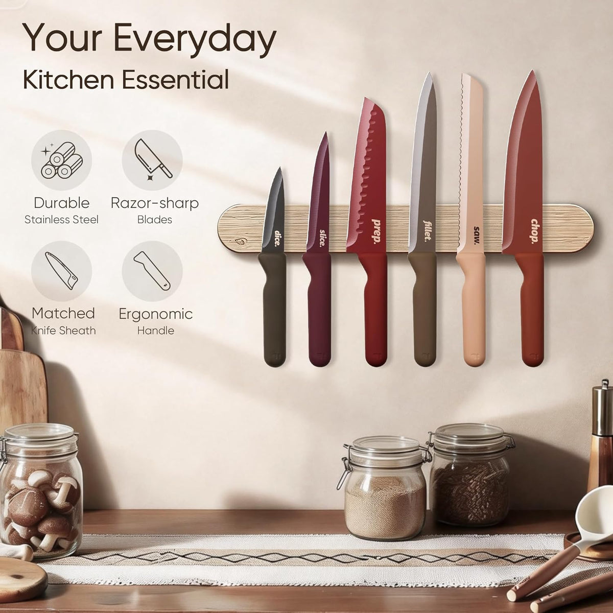 Kitchen Knife Set, 6 Floral Knives with 6 Blade Guards, 12-Piece | Stainless Steel Blades, Ceramic Nonstick Coating, Long-Lasting Sharpness, Rust-Resistant, Non-Slip, Dishwasher Safe