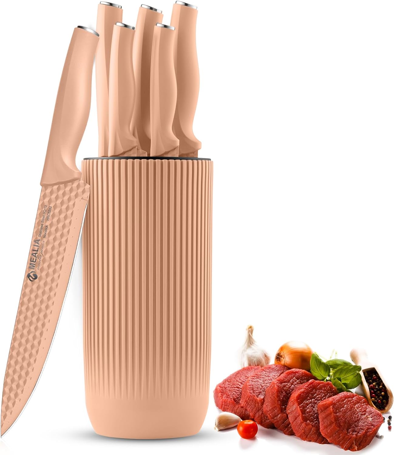 Kitchen Knife Set with Block, 6-Piece Non-stick Stainless Steel Sharp Knives Set for Precision Cutting with Universal Knife Block for Kitchen, Ergonomic Design & Dishwasher Safe, Pink