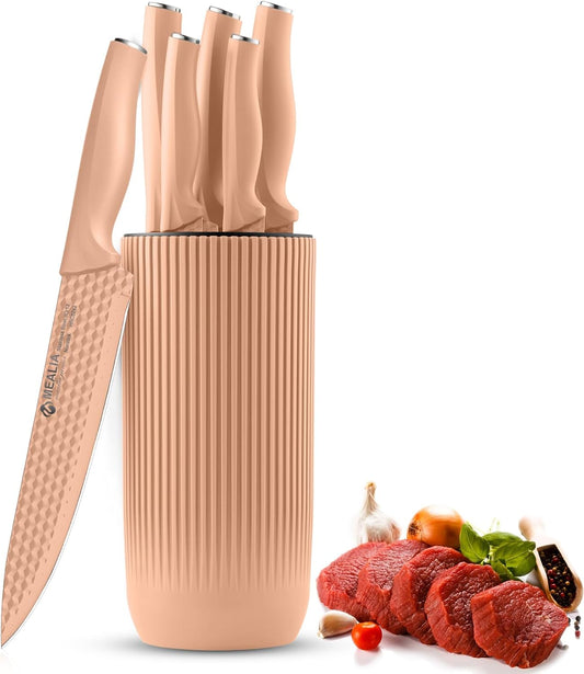 Kitchen Knife Set with Block, 6-Piece Non-stick Stainless Steel Sharp Knives Set for Precision Cutting with Universal Knife Block for Kitchen, Ergonomic Design & Dishwasher Safe, Pink