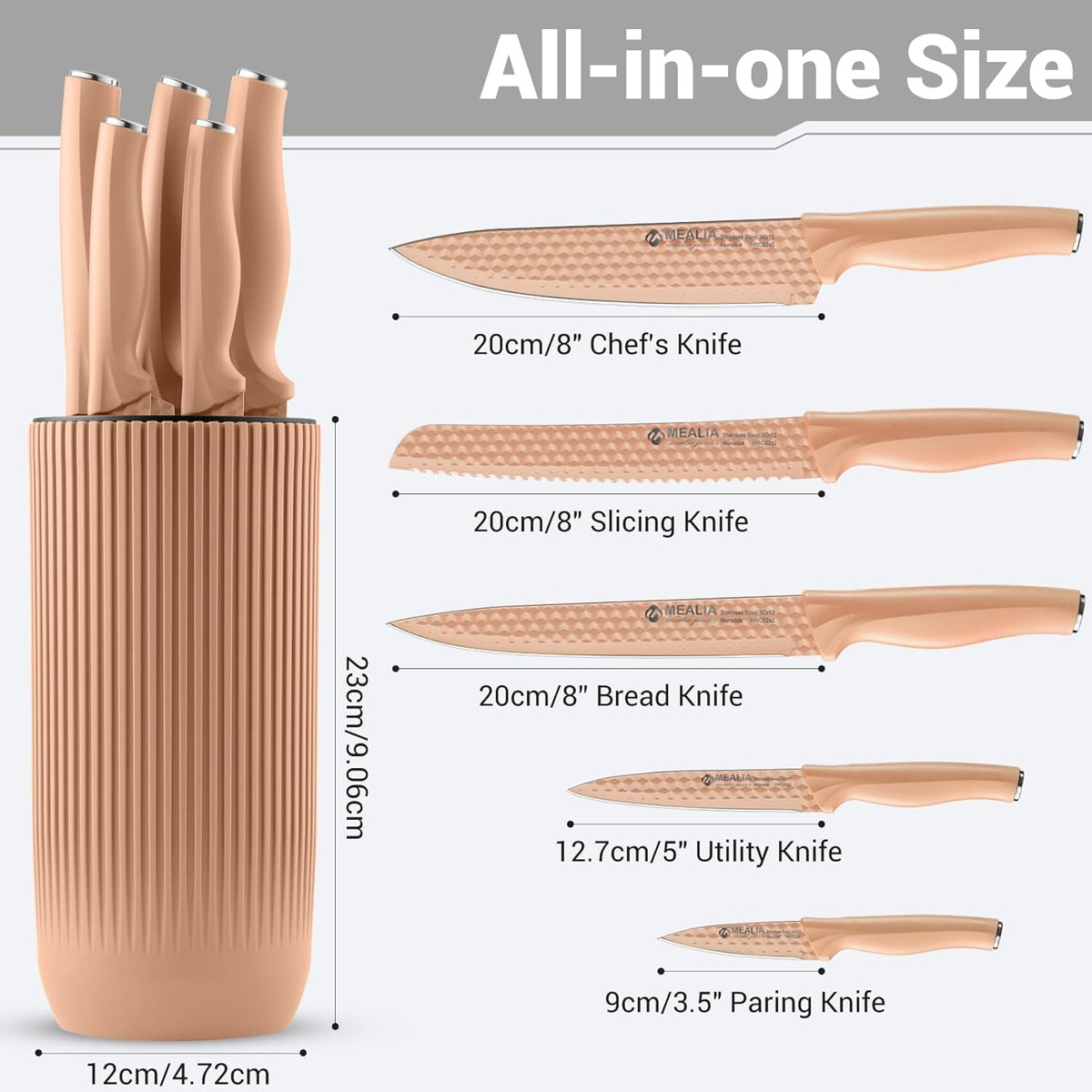 Kitchen Knife Set with Block, 6-Piece Non-stick Stainless Steel Sharp Knives Set for Precision Cutting with Universal Knife Block for Kitchen, Ergonomic Design & Dishwasher Safe, Pink