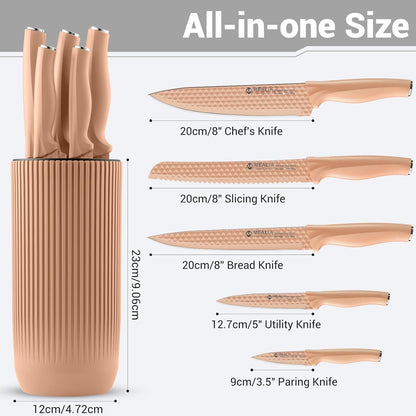 Kitchen Knife Set with Block, 6-Piece Non-stick Stainless Steel Sharp Knives Set for Precision Cutting with Universal Knife Block for Kitchen, Ergonomic Design & Dishwasher Safe, Pink