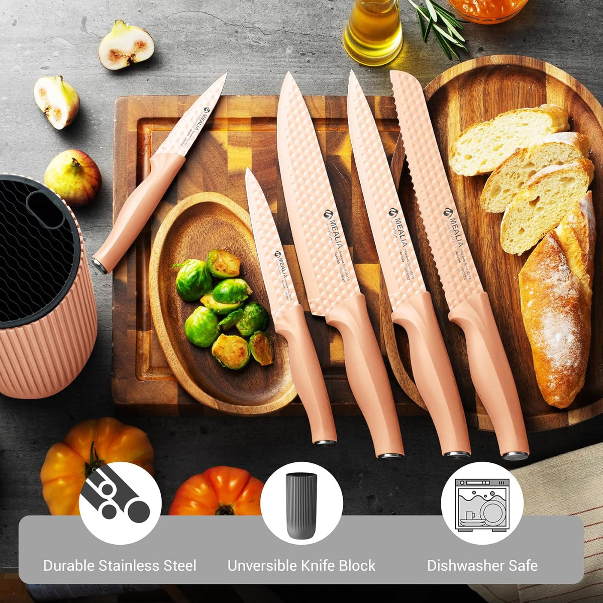 Kitchen Knife Set with Block, 6-Piece Non-stick Stainless Steel Sharp Knives Set for Precision Cutting with Universal Knife Block for Kitchen, Ergonomic Design & Dishwasher Safe, Pink