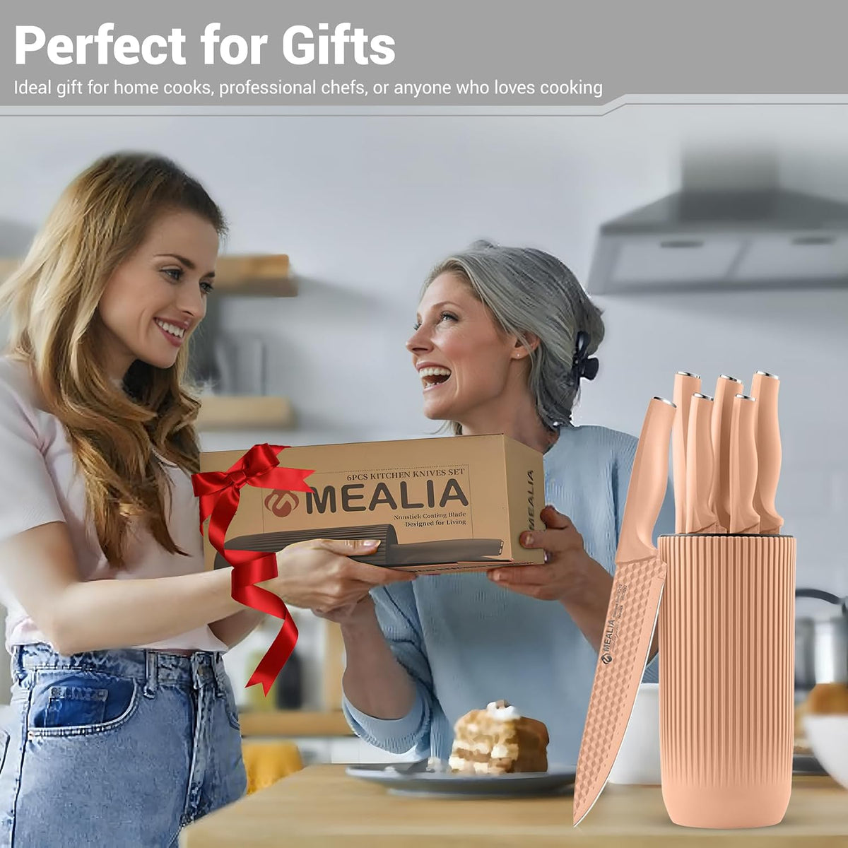Kitchen Knife Set with Block, 6-Piece Non-stick Stainless Steel Sharp Knives Set for Precision Cutting with Universal Knife Block for Kitchen, Ergonomic Design & Dishwasher Safe, Pink