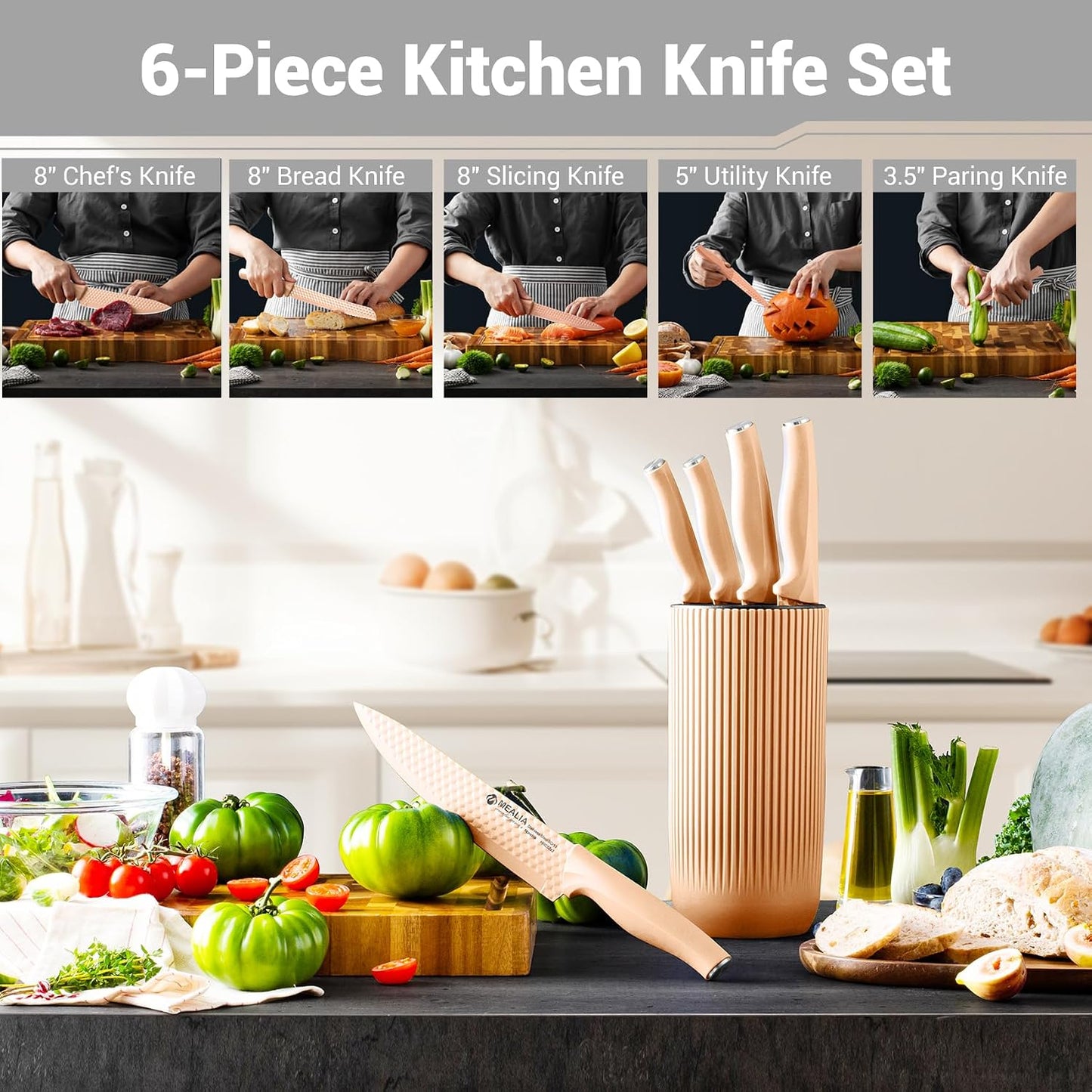 Kitchen Knife Set with Block, 6-Piece Non-stick Stainless Steel Sharp Knives Set for Precision Cutting with Universal Knife Block for Kitchen, Ergonomic Design & Dishwasher Safe, Pink