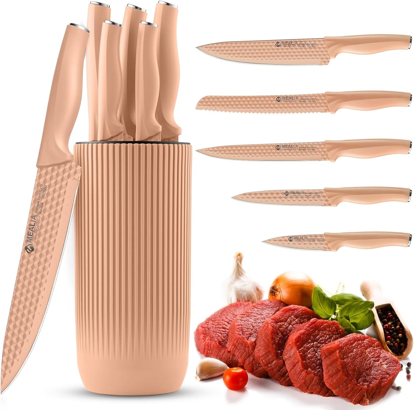 Kitchen Knife Set with Block, 6-Piece Non-stick Stainless Steel Sharp Knives Set for Precision Cutting with Universal Knife Block for Kitchen, Ergonomic Design & Dishwasher Safe, Pink