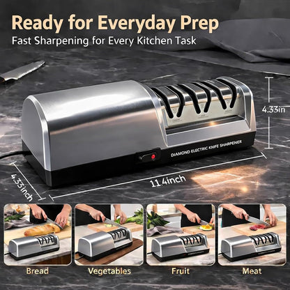 5-in-1 Electric Knife Sharpener for All Knives – Diamond Abrasive Sharpener with 3 Speeds & LCD Display | Sharpens Straight, Serrated, Kitchen Knives & Scissors | Automatic, Safe, Easy to Use (GERY)