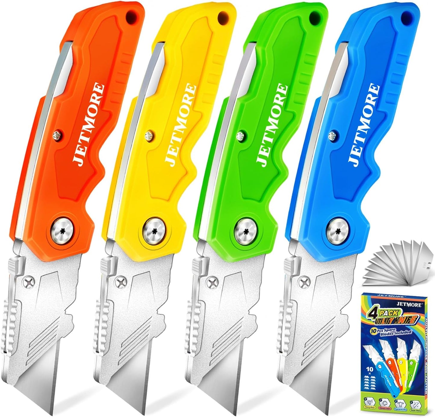 4 Pack Folding Utility Knife, Razor Knife for Cardboard, Box Cutter | Work knife cuts cardboard, carpet and plastic, Razor knife with pocket clip stays handy for packing, moving and DIY tasks