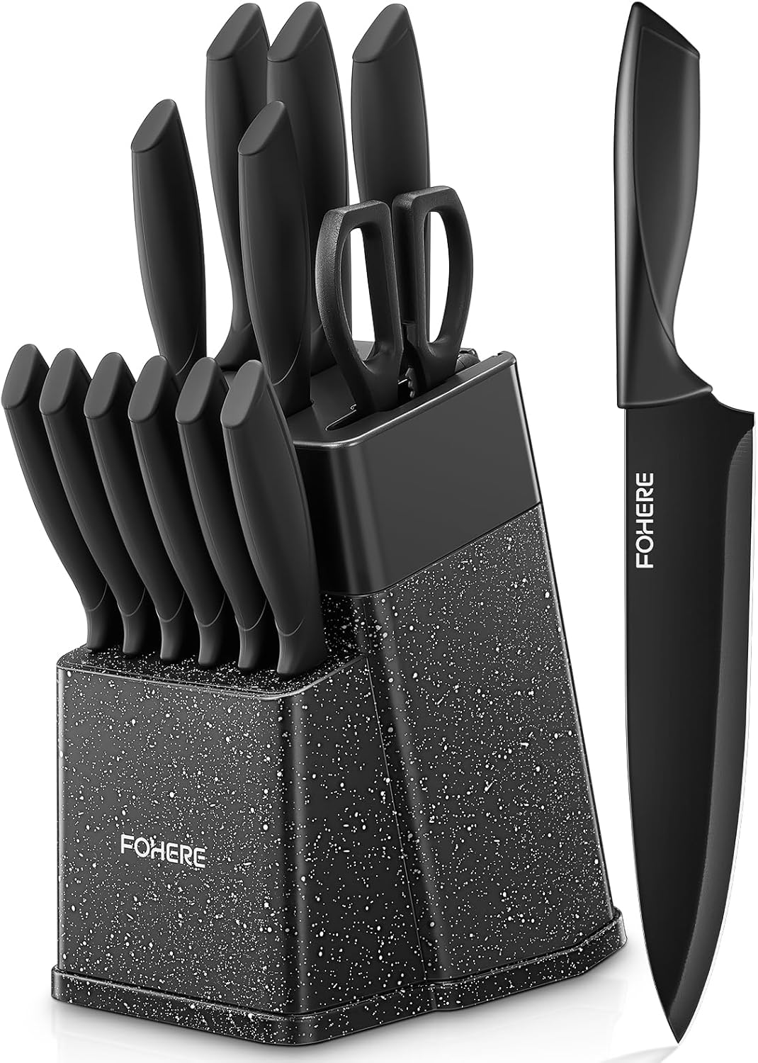 Knife Set, FOHERE 14 Pcs Knife Sets for Kitchen with Block, Dishwasher Safe, BO Oxidation German Stainless Steel Kitchen Knife Set with Built-in Sharpener, Anti-slip Ergonomic Handle, Black Granite