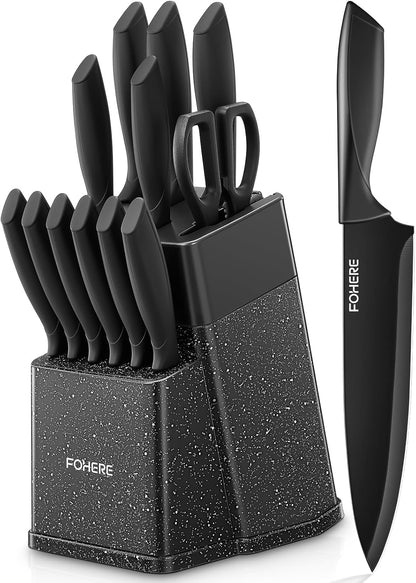 Knife Set, FOHERE 14 Pcs Knife Sets for Kitchen with Block, Dishwasher Safe, BO Oxidation German Stainless Steel Kitchen Knife Set with Built-in Sharpener, Anti-slip Ergonomic Handle, Black Granite