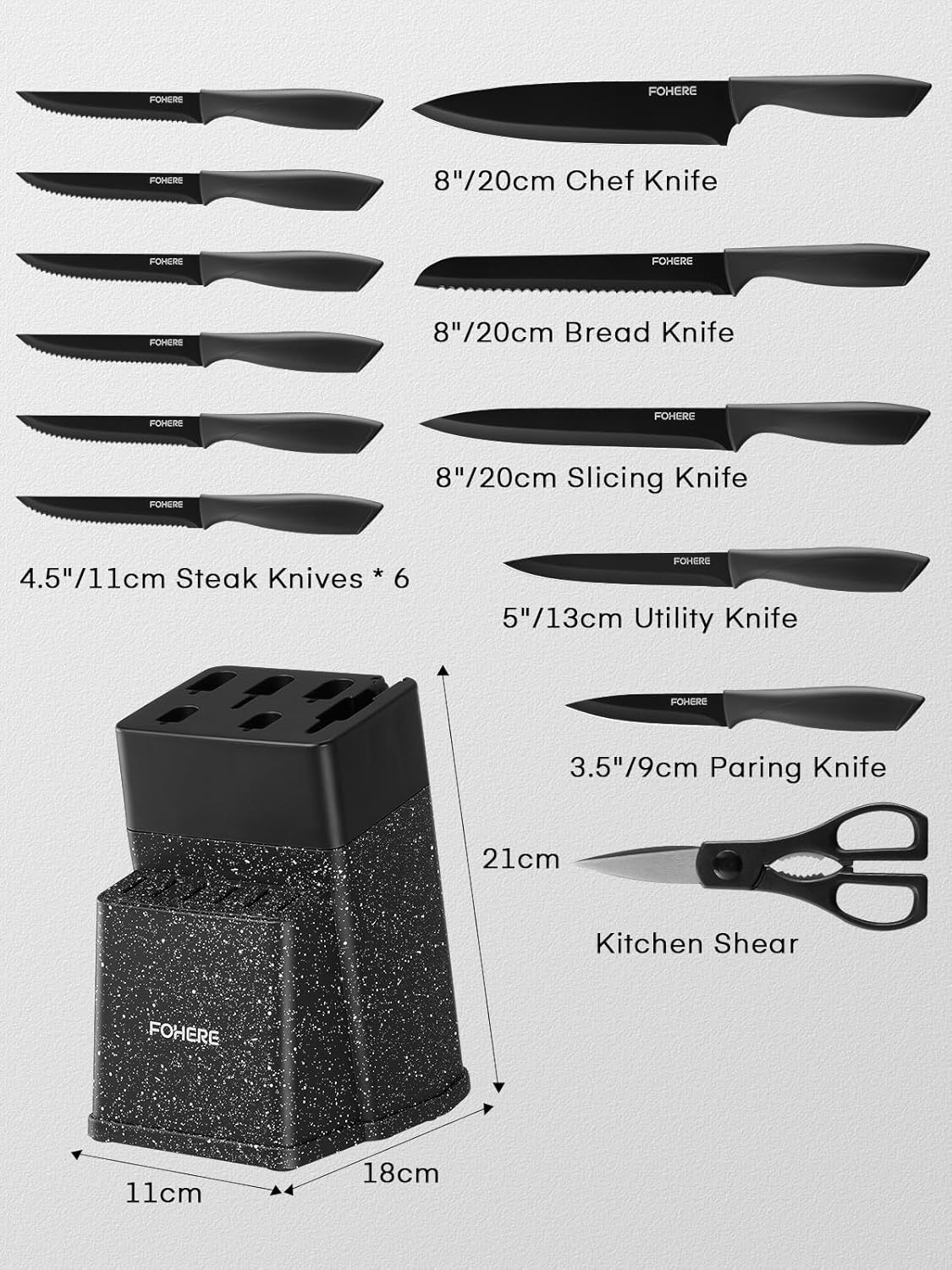 Knife Set, FOHERE 14 Pcs Knife Sets for Kitchen with Block, Dishwasher Safe, BO Oxidation German Stainless Steel Kitchen Knife Set with Built-in Sharpener, Anti-slip Ergonomic Handle, Black Granite