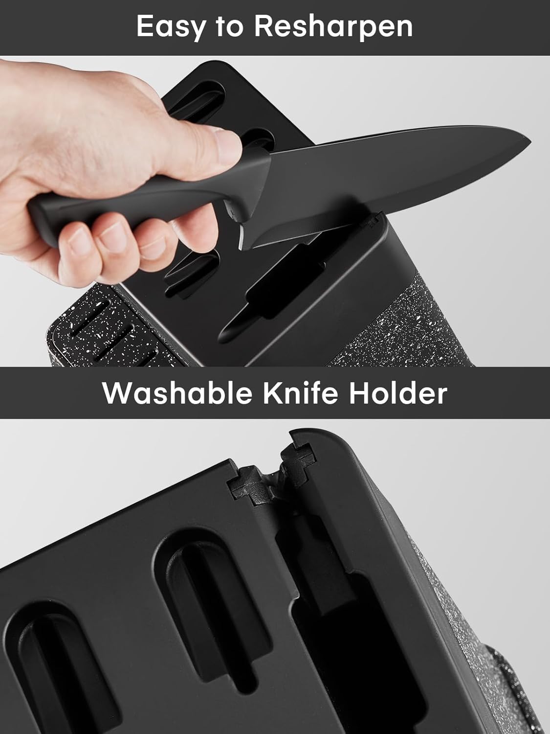 Knife Set, FOHERE 14 Pcs Knife Sets for Kitchen with Block, Dishwasher Safe, BO Oxidation German Stainless Steel Kitchen Knife Set with Built-in Sharpener, Anti-slip Ergonomic Handle, Black Granite