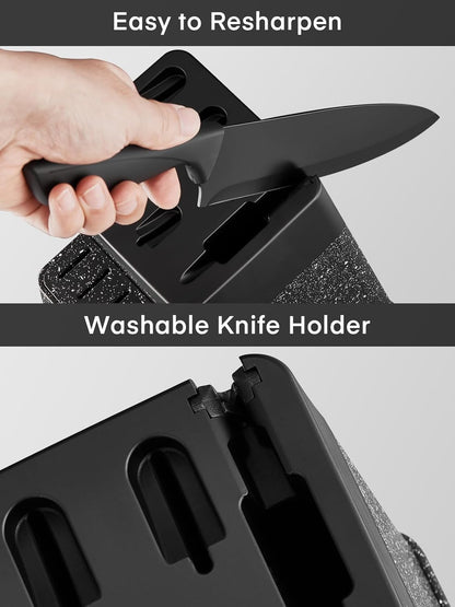 Knife Set, FOHERE 14 Pcs Knife Sets for Kitchen with Block, Dishwasher Safe, BO Oxidation German Stainless Steel Kitchen Knife Set with Built-in Sharpener, Anti-slip Ergonomic Handle, Black Granite