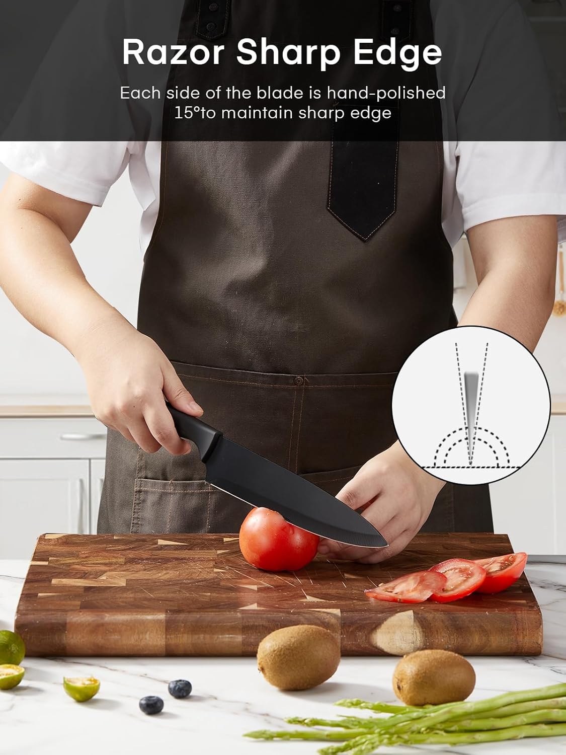 Knife Set, FOHERE 14 Pcs Knife Sets for Kitchen with Block, Dishwasher Safe, BO Oxidation German Stainless Steel Kitchen Knife Set with Built-in Sharpener, Anti-slip Ergonomic Handle, Black Granite