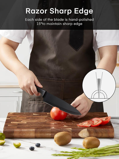 Knife Set, FOHERE 14 Pcs Knife Sets for Kitchen with Block, Dishwasher Safe, BO Oxidation German Stainless Steel Kitchen Knife Set with Built-in Sharpener, Anti-slip Ergonomic Handle, Black Granite