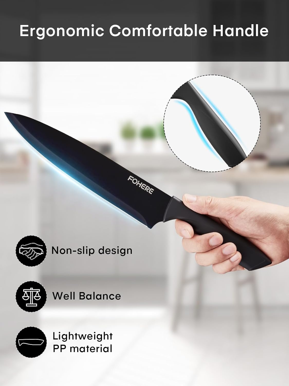 Knife Set, FOHERE 14 Pcs Knife Sets for Kitchen with Block, Dishwasher Safe, BO Oxidation German Stainless Steel Kitchen Knife Set with Built-in Sharpener, Anti-slip Ergonomic Handle, Black Granite