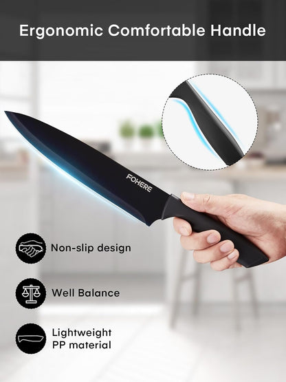Knife Set, FOHERE 14 Pcs Knife Sets for Kitchen with Block, Dishwasher Safe, BO Oxidation German Stainless Steel Kitchen Knife Set with Built-in Sharpener, Anti-slip Ergonomic Handle, Black Granite
