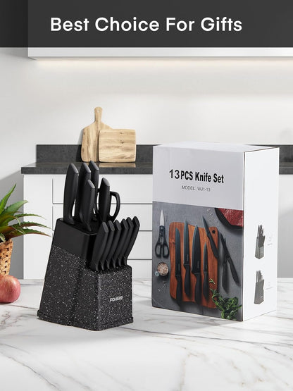 Knife Set, FOHERE 14 Pcs Knife Sets for Kitchen with Block, Dishwasher Safe, BO Oxidation German Stainless Steel Kitchen Knife Set with Built-in Sharpener, Anti-slip Ergonomic Handle, Black Granite
