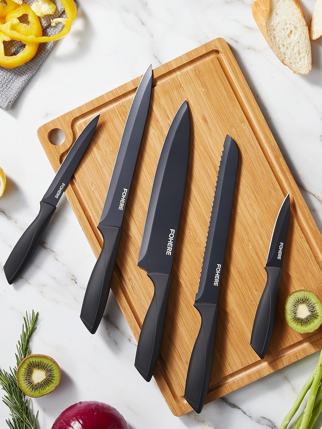 Knife Set, FOHERE 14 Pcs Knife Sets for Kitchen with Block, Dishwasher Safe, BO Oxidation German Stainless Steel Kitchen Knife Set with Built-in Sharpener, Anti-slip Ergonomic Handle, Black Granite