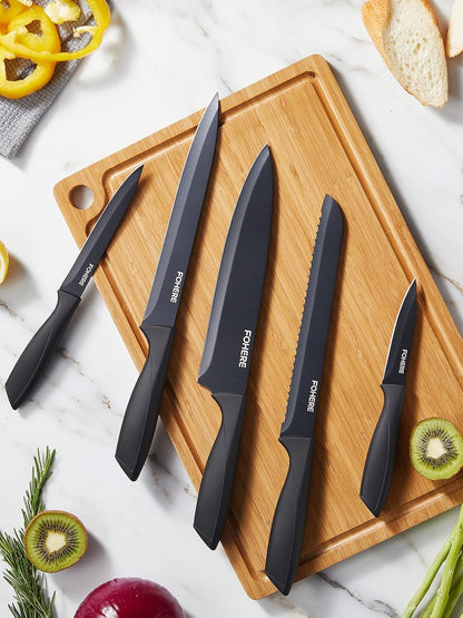 Knife Set, FOHERE 14 Pcs Knife Sets for Kitchen with Block, Dishwasher Safe, BO Oxidation German Stainless Steel Kitchen Knife Set with Built-in Sharpener, Anti-slip Ergonomic Handle, Black Granite