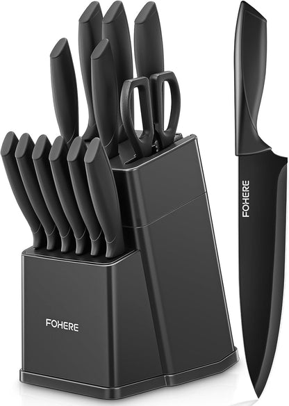 Knife Set, FOHERE 14 Pcs Knife Sets for Kitchen with Block, Dishwasher Safe, BO Oxidation German Stainless Steel Kitchen Knife Set with Built-in Sharpener, Anti-slip Ergonomic Handle, Black Granite