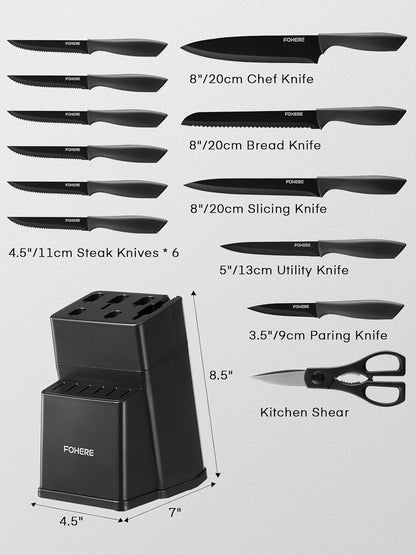 Knife Set, FOHERE 14 Pcs Knife Sets for Kitchen with Block, Dishwasher Safe, BO Oxidation German Stainless Steel Kitchen Knife Set with Built-in Sharpener, Anti-slip Ergonomic Handle, Black Granite
